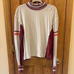 We The Free Cream and Burgundy Long Sleeve Striped Mock Neck Tee